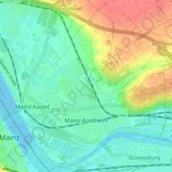 Mapa topográfico Mainz-Kostheim, altitud, relieve