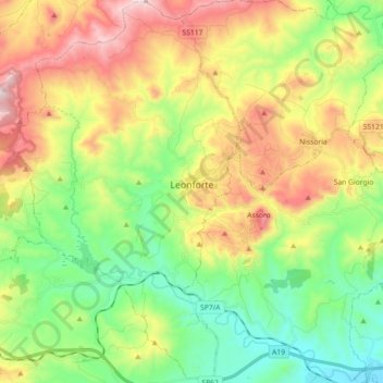 Mapa topográfico Leonforte, altitud, relieve