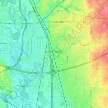 Mapa topográfico Farmers Branch, altitud, relieve