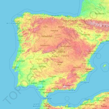 Mapa topográfico Iberische Halbinsel, altitud, relieve