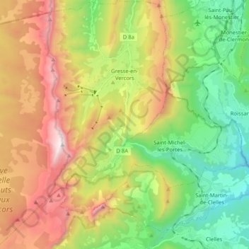 Mapa topográfico Gresse-en-Vercors, altitud, relieve