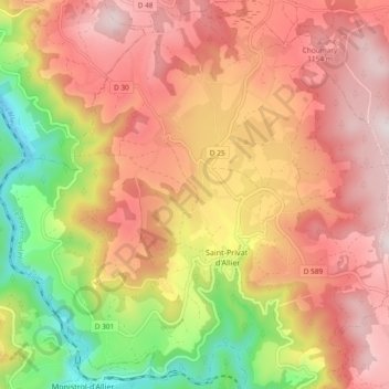 Mapa topográfico Saint-Privat-d'Allier, altitud, relieve