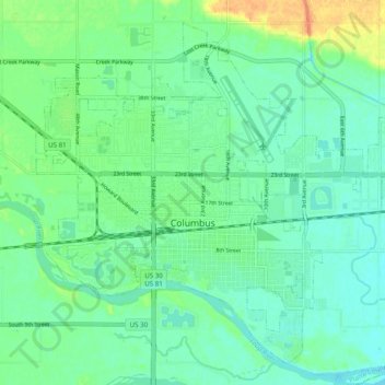 Mapa topográfico Columbus, altitud, relieve