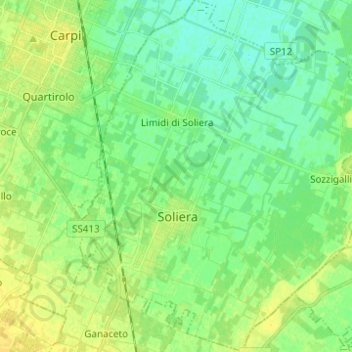 Mapa topográfico Soliera, altitud, relieve