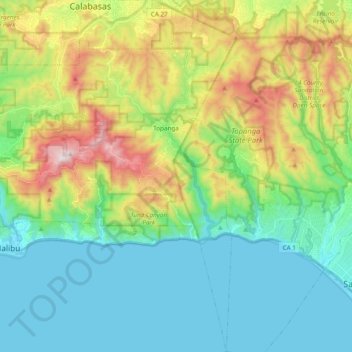 Mapa topográfico Topanga, altitud, relieve