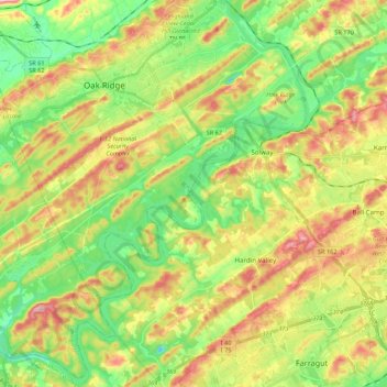 Mapa topográfico Melton Hill Lake, altitud, relieve