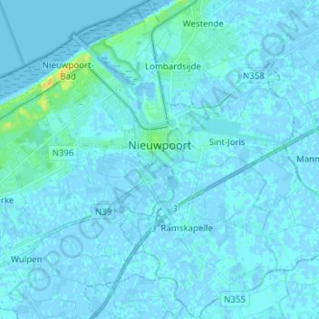 Mapa topográfico Nieuwpoort, altitud, relieve
