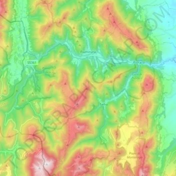 Mapa topográfico Fiuminata, altitud, relieve