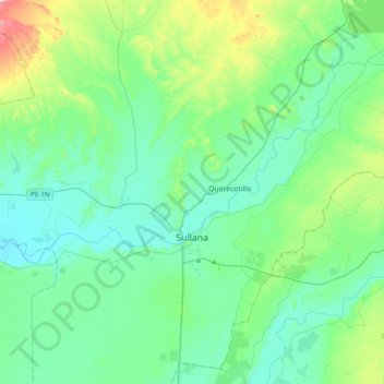 Mapa topográfico Sullana, altitud, relieve