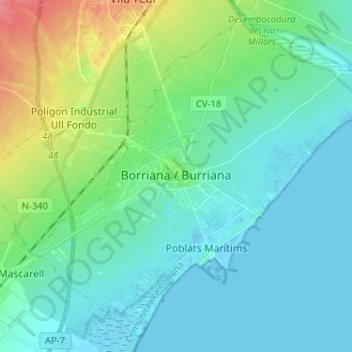 Mapa topográfico Borriana / Burriana, altitud, relieve