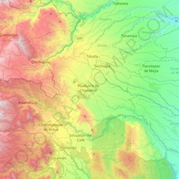 Mapa topográfico Huatusco, altitud, relieve