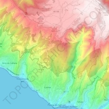 Mapa topográfico Ponta do Sol, altitud, relieve