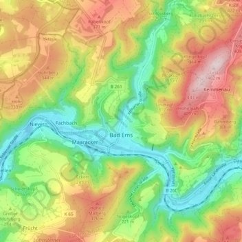 Mapa topográfico Bad Ems, altitud, relieve