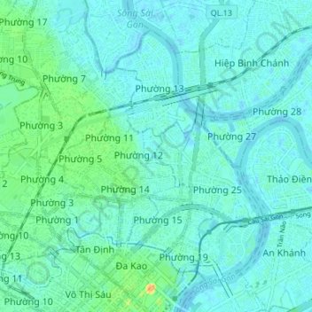 Mapa topográfico Binh Thanh District, altitud, relieve