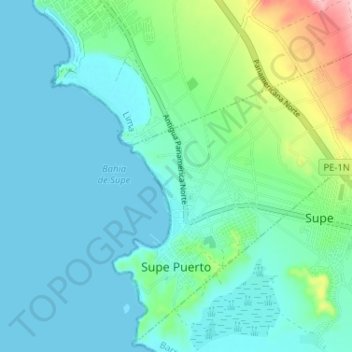 Mapa topográfico Puerto Supe, altitud, relieve