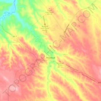 Mapa topográfico Rosebud, altitud, relieve