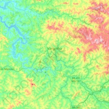 Mapa topográfico Varginha, altitud, relieve