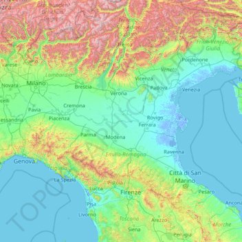 Mapa topográfico Pianura Padana, altitud, relieve