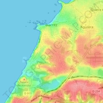 Mapa topográfico Biarritz, altitud, relieve