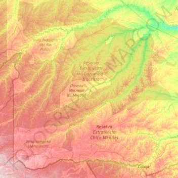 Mapa topográfico Rio Iaco, altitud, relieve