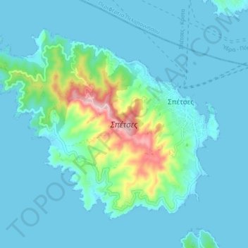 Mapa topográfico Spetses, altitud, relieve