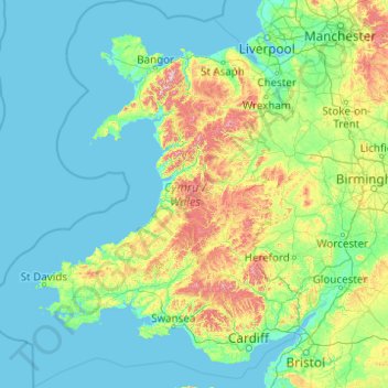 Mapa topográfico Pays de Galles, altitud, relieve