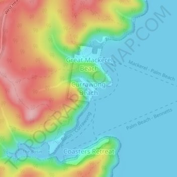 Mapa topográfico Currawong Beach, altitud, relieve
