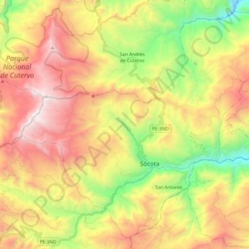 Mapa topográfico Socota, altitud, relieve