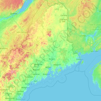 Mapa topográfico Maine, altitud, relieve
