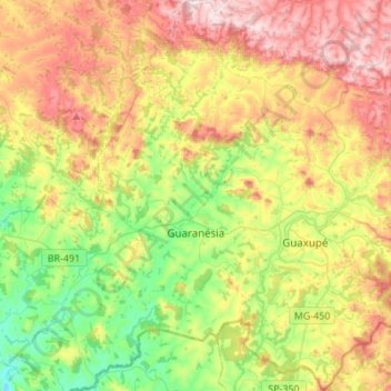 Mapa topográfico Guaranésia, altitud, relieve