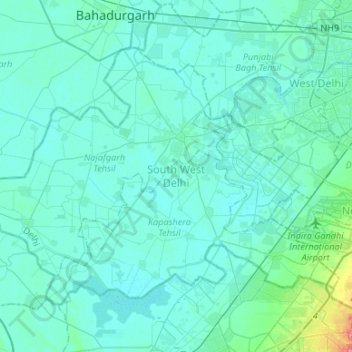 Mapa topográfico South West Delhi, altitud, relieve