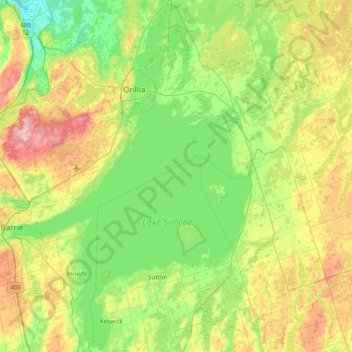 Mapa topográfico Lac Simcoe, altitud, relieve