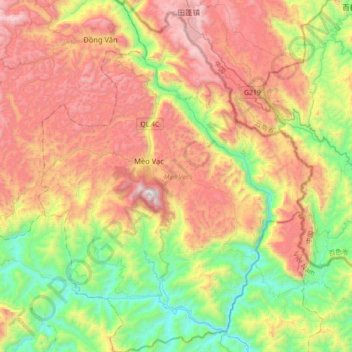 Mapa topográfico Mèo Vạc District, altitud, relieve