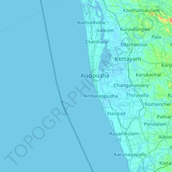 Mapa topográfico Alappuzha, altitud, relieve
