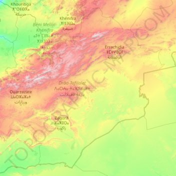 Mapa topográfico Drâa-Tafilalet ⴷⴰⵔⵄⴰ-ⵜⴰⴼⵉⵍⴰⵍⵜ درعة تافيلالت, altitud, relieve