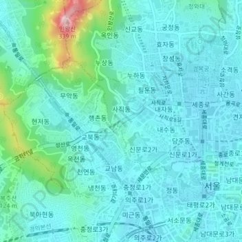 Mapa topográfico Seoul, altitud, relieve