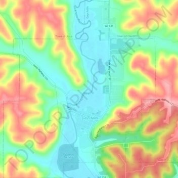 Mapa topográfico Gays Mills, altitud, relieve