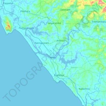 Mapa topográfico Kannur, altitud, relieve