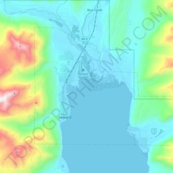 Mapa topográfico Seward, altitud, relieve