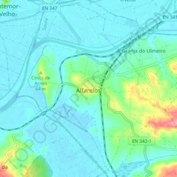 Mapa topográfico Alfarelos, altitud, relieve