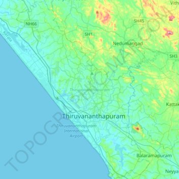Mapa topográfico Thiruvananthapuram, altitud, relieve