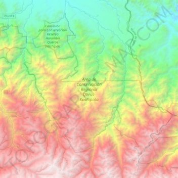 Mapa topográfico Área de Conservación Regional Q’eros-Kosñipata, altitud, relieve
