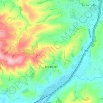 Mapa topográfico Bradninch, altitud, relieve