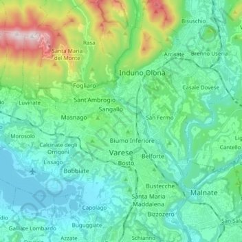 Mapa topográfico Varese, altitud, relieve