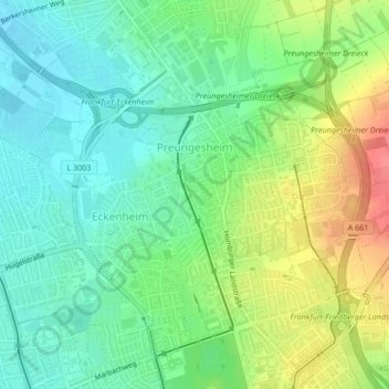 Mapa topográfico Preungesheim, altitud, relieve