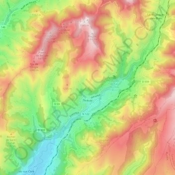 Mapa topográfico Thiézac, altitud, relieve
