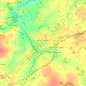 Mapa topográfico Wymondham, altitud, relieve