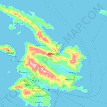 Mapa topográfico Kalymnos, altitud, relieve
