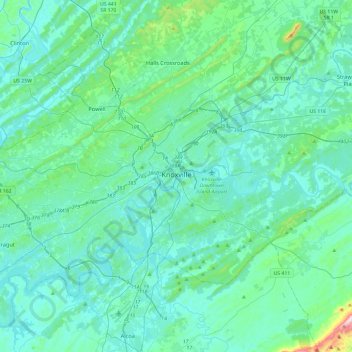 Mapa topográfico Knoxville, altitud, relieve
