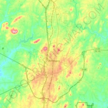 Mapa topográfico Asheboro, altitud, relieve